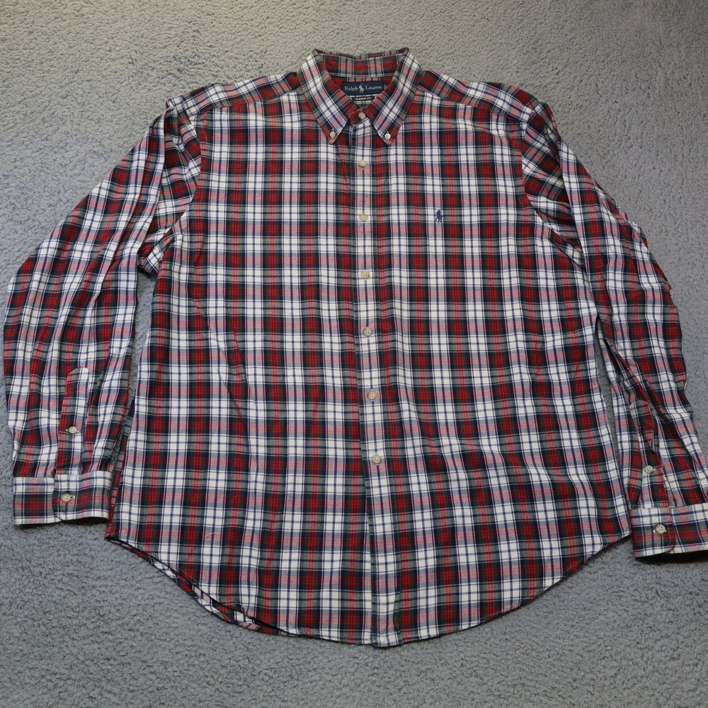 Ralph‎ Lauren Mens XXL Classic Fit Plaid Button Down Shirt Red White Blue Cotton